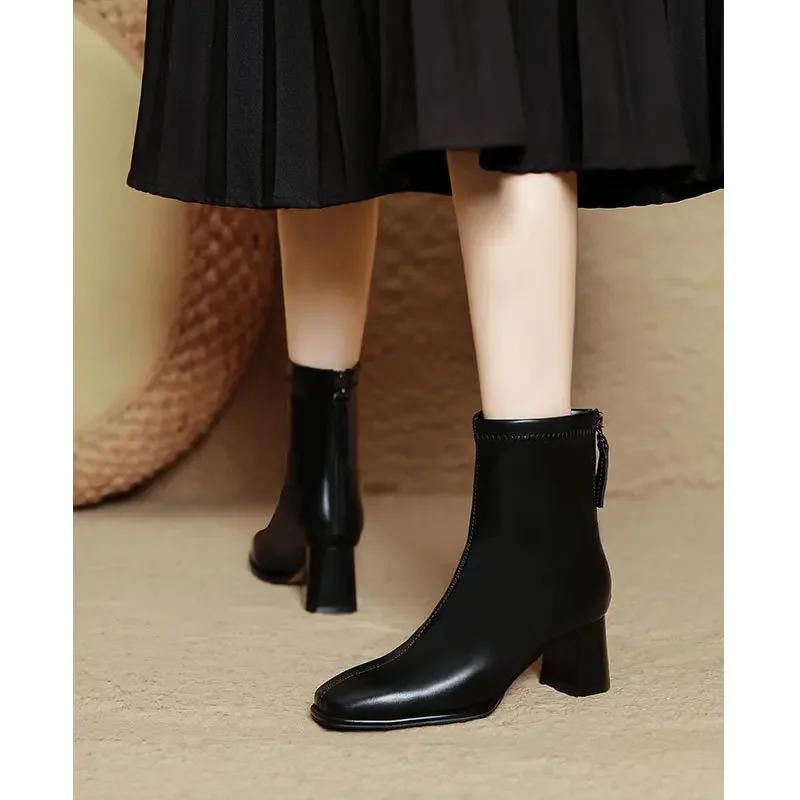 Fashion Autumn and Winter New Mid-leg Fashion Boots Square Head Thick Heel Thin Boots Brown French Ankle Boots