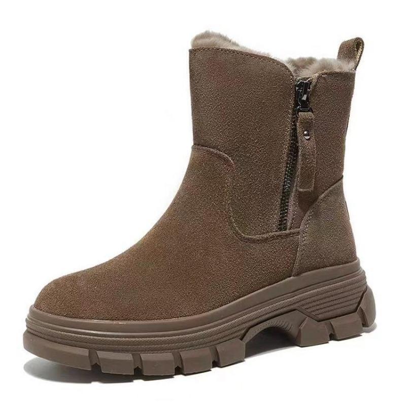 Leather Platform Snow Boots Women's Autumn and Winter Warm Martin Short Boots Casual Velvet Thickened Cotton Boots