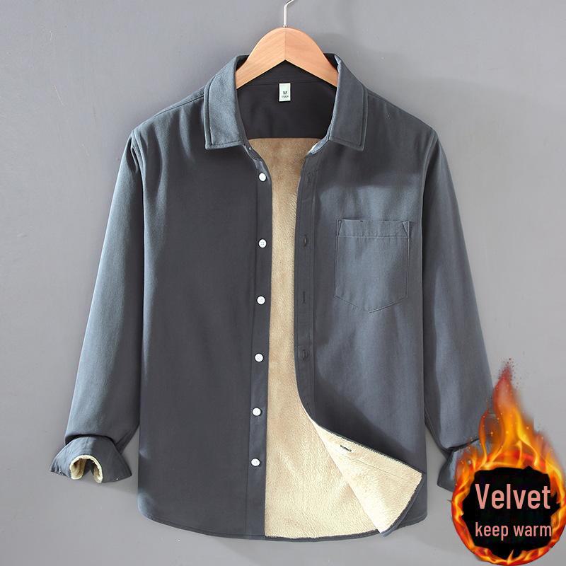 Men's Winter Cotton Velvet-Lined Warm Square Collar Shirt Jacket