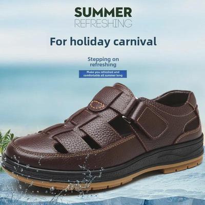 Men's 2023 Summer Breathable Leather Sandals, Hole Design, Anti-Slip Dad Shoes, Style 9038