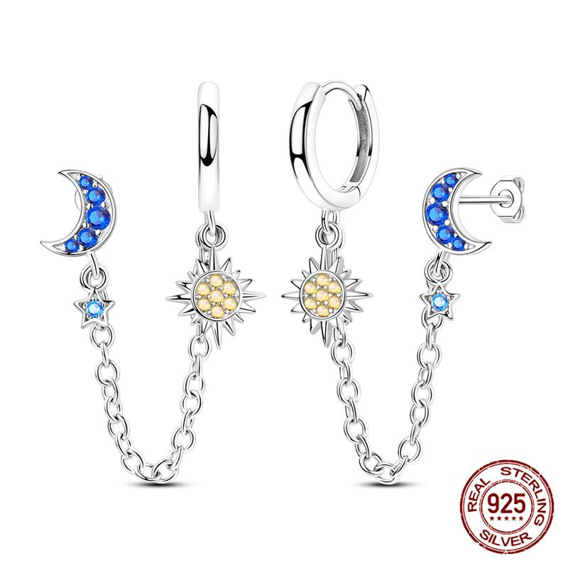 Original 100% 925 Silver Geometric Sun Moon And Stars Tassel Women's Earrings Party Anniversary Gift