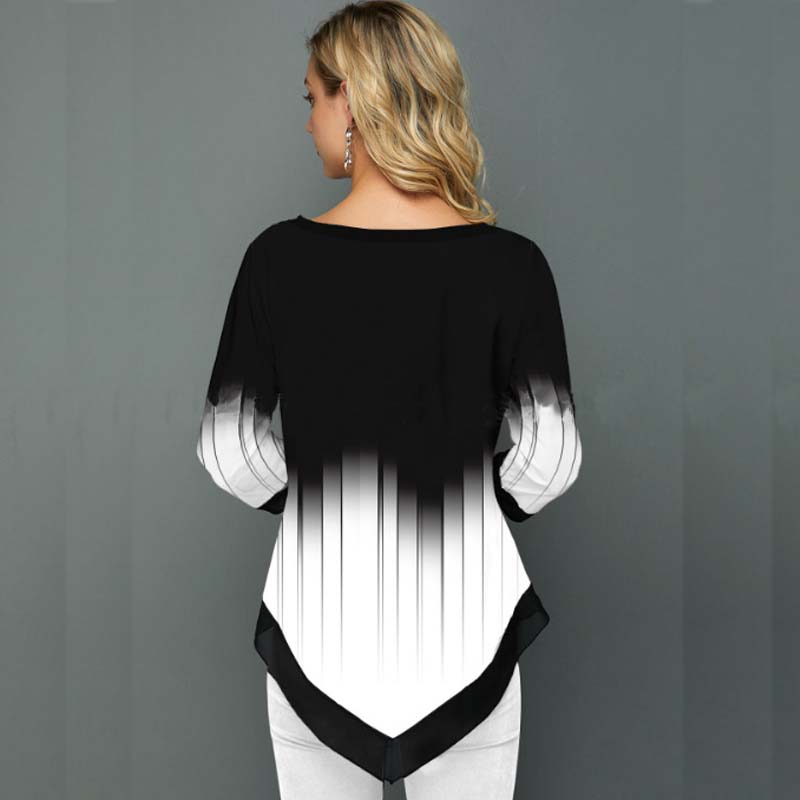 Women Fashion Long Sleeve Top Summer Fall 3D Digital Print V Neck Irregular Loose T Shirt