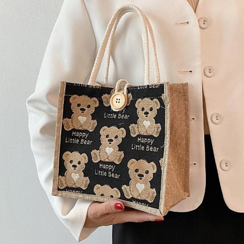 Women Cute Bear Pattern Shoulder Bag Flax Girl Student Handbag Mini Outdoor