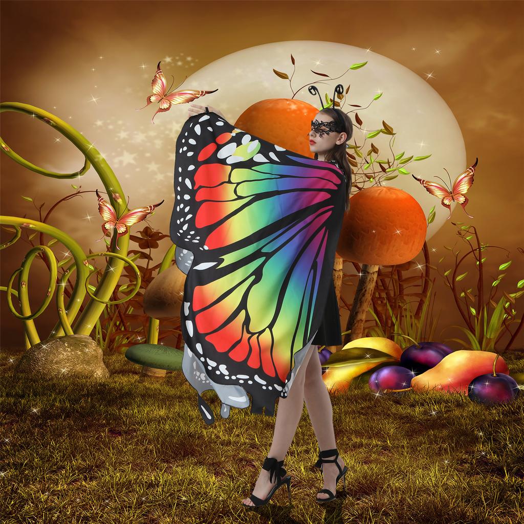 Halloween Costume for Adult Women Butterfly Wing Fairy Shawl with Antenna Headband Soft Lace Mask Cosplay Dress Up