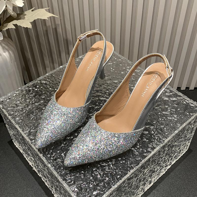French high-heeled bag head sandals women's summer 2025 new glitter sequined side space thin heel pointed fairy style shoes