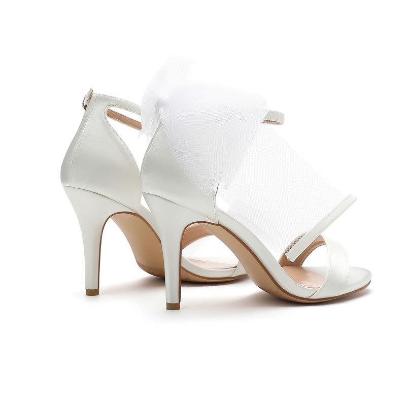 Einfache hochhackige Ein-Wort-Sandalen mit Spitze, offenem Zeh, Mesh, großer Schleife, Stiletto, T-Steg, hochhackige Laufstegschuhe, neu 4