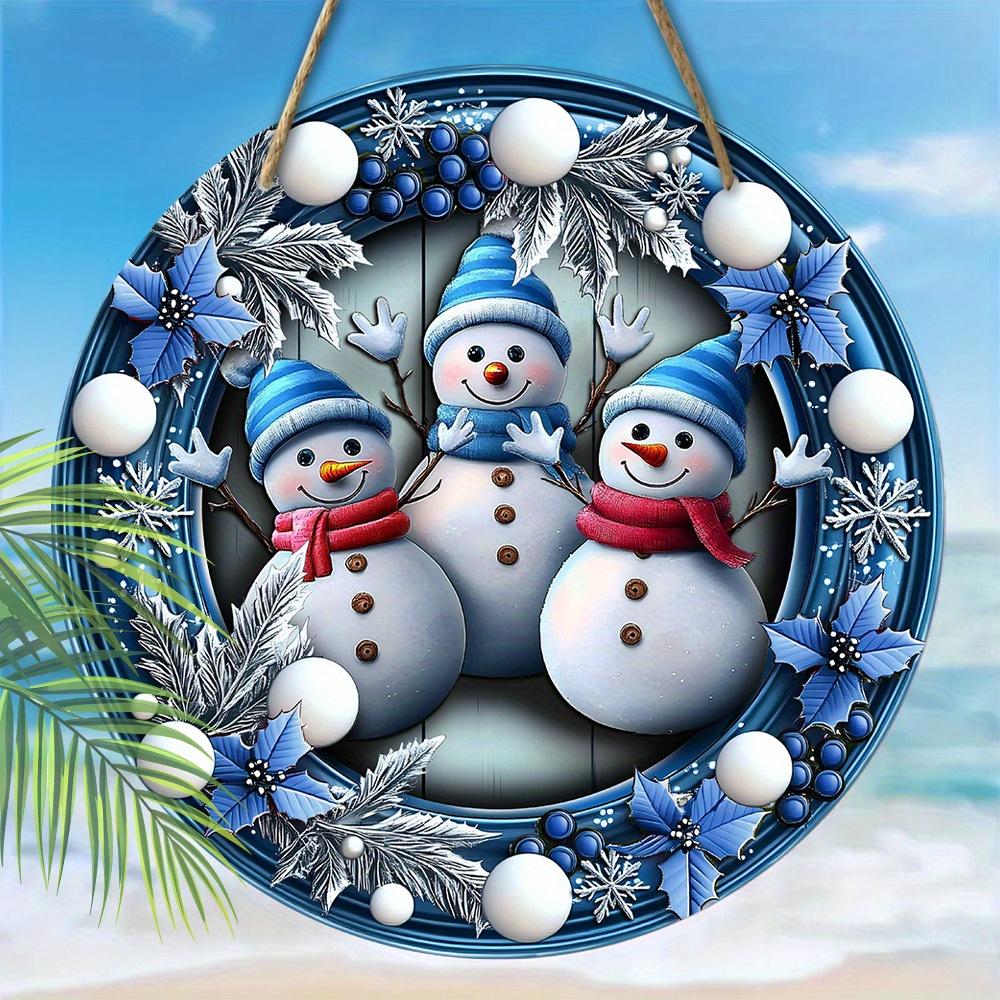 Adorable Snowman Wooden Christmas Sign, Cute Winter Wonderland Round Sign for Front Door Wall Hanging Decor, Ideal Christmas Ornament