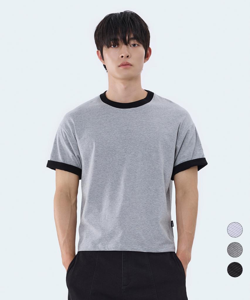 Yosemiti Striped Color Block Roll-Up Ringer Crop Short Sleeve Tee 3 Colors Yt-3Y27