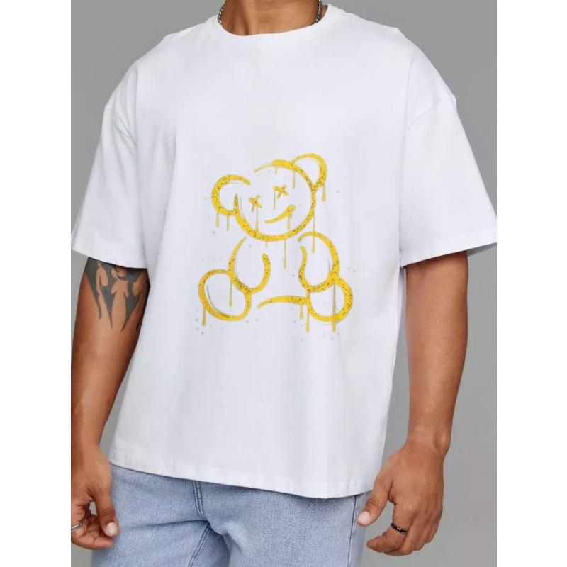 Bílé nadměrné tričko s žlutou kapající grafikou medvěda pro volnočasové nošení
