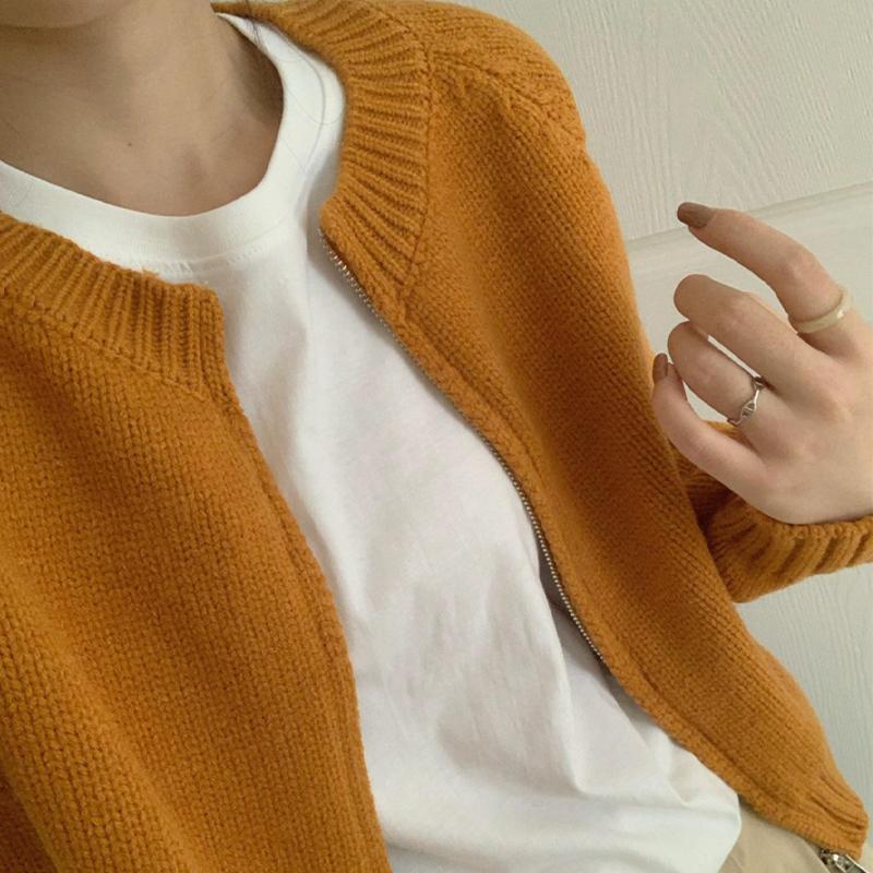 Dámský pletený svetr s kulatým výstřihem na zip Cardigan Short Coat