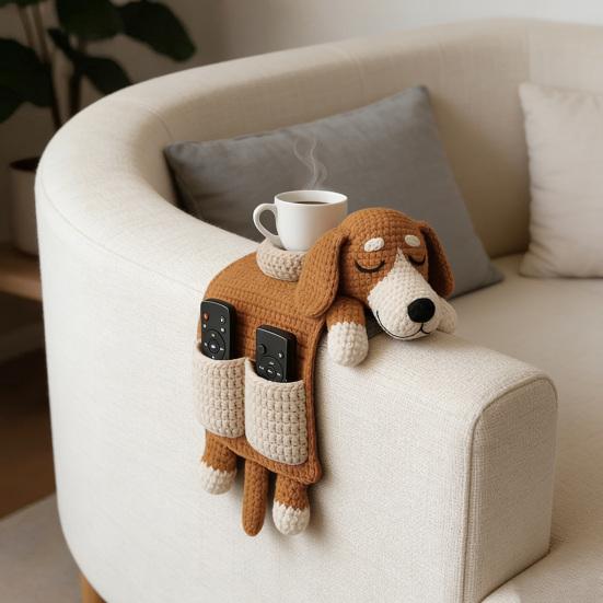 Sofa Aufbewahrungstasche Weiche Wolle Hundeform Handgewebtes Wollkissen mit integriertem Getränkehalter Winter Sofa Zubehör
