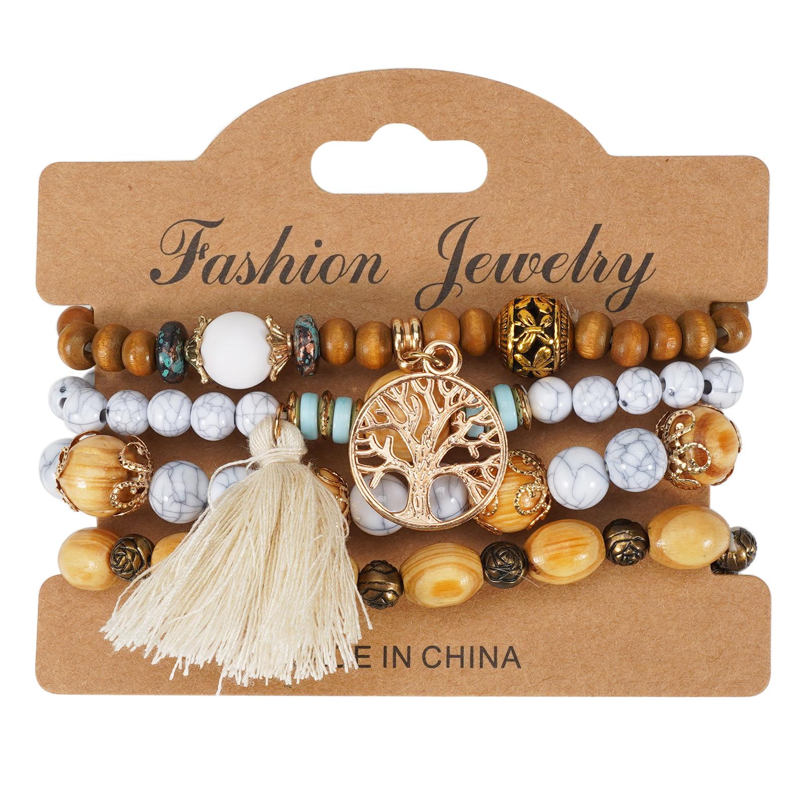 Деревянная Бусина Цепочка Комбинация Браслет Сплав Роза Ручная Работа Элегантный Модный Модный HY-2774 белый