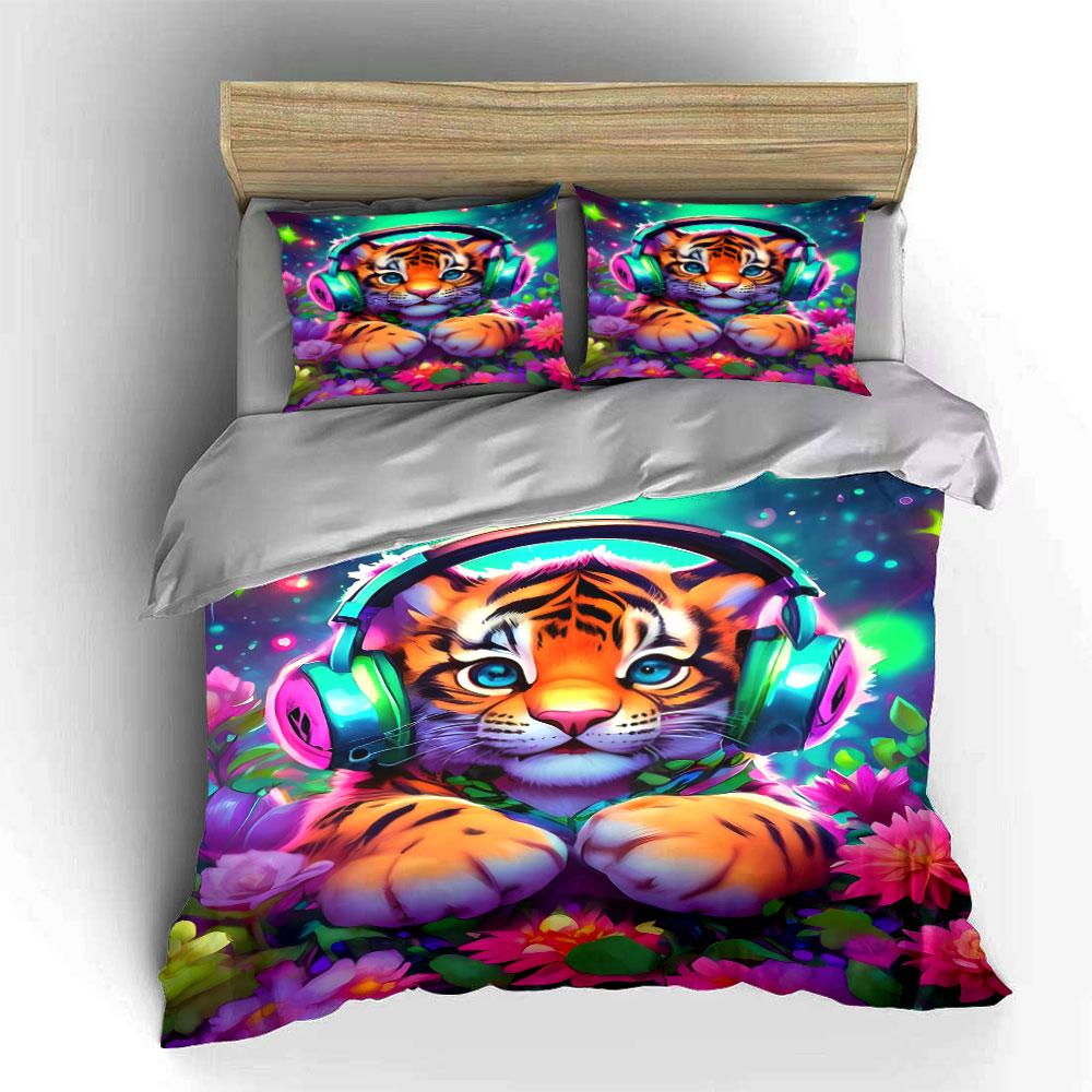 Tiger wearing vibrant headphones. Bedding sets Duvet cover sets Duvet covers Pillowcases(1 * Duvet Cover 2 * Pillowcases without duvet insert)