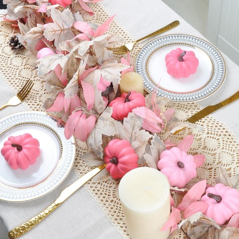 Faux Silk Pink Pumpkin Maple Leaf Hanging Ornament Fireplaces Mantels Seasonal Decoration for Family Gatherings