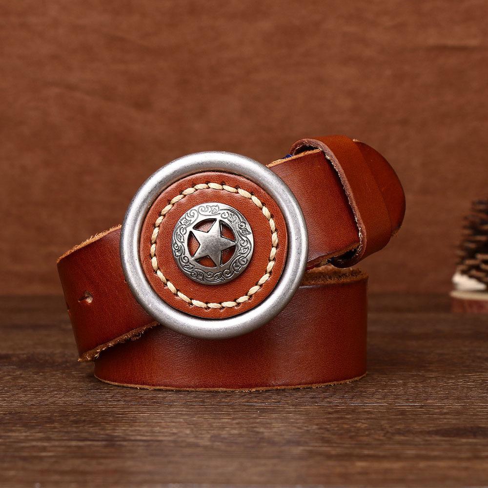 

Мужской ремень из воловьей кожи первого слоя с гладкой пряжкой в стиле ретро с утолщенной отделкой 125cm