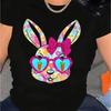 Women's Easter Bunny Graphic T-Shirt - 100% Cotton, Comfortable Round Neck, Short Sleeve Top with Vibrant Floral Rabbit Design,
