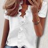Top Casual de Color Sólido con Cuello en V y Manga Corta con Detalle de Volantes