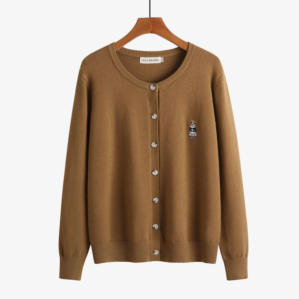 Plus Size Women's Bear Embroidery Knit Cardigan - Autumn/Winter 2026 Round Neck Thick Sweater Coat (220 Jin)