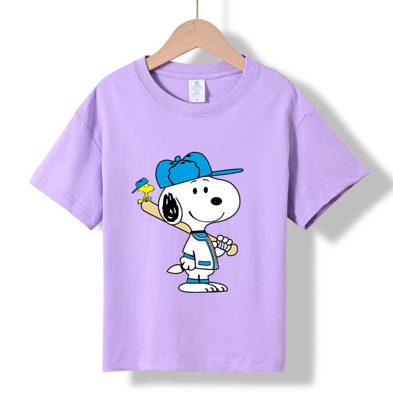 MC-77 MINISO 2026 Summer New Kids 100% Cotton T-Shirt Snoopy Baseball Print Short Sleeve Casual Tee for Boys Girls Ages 2-12