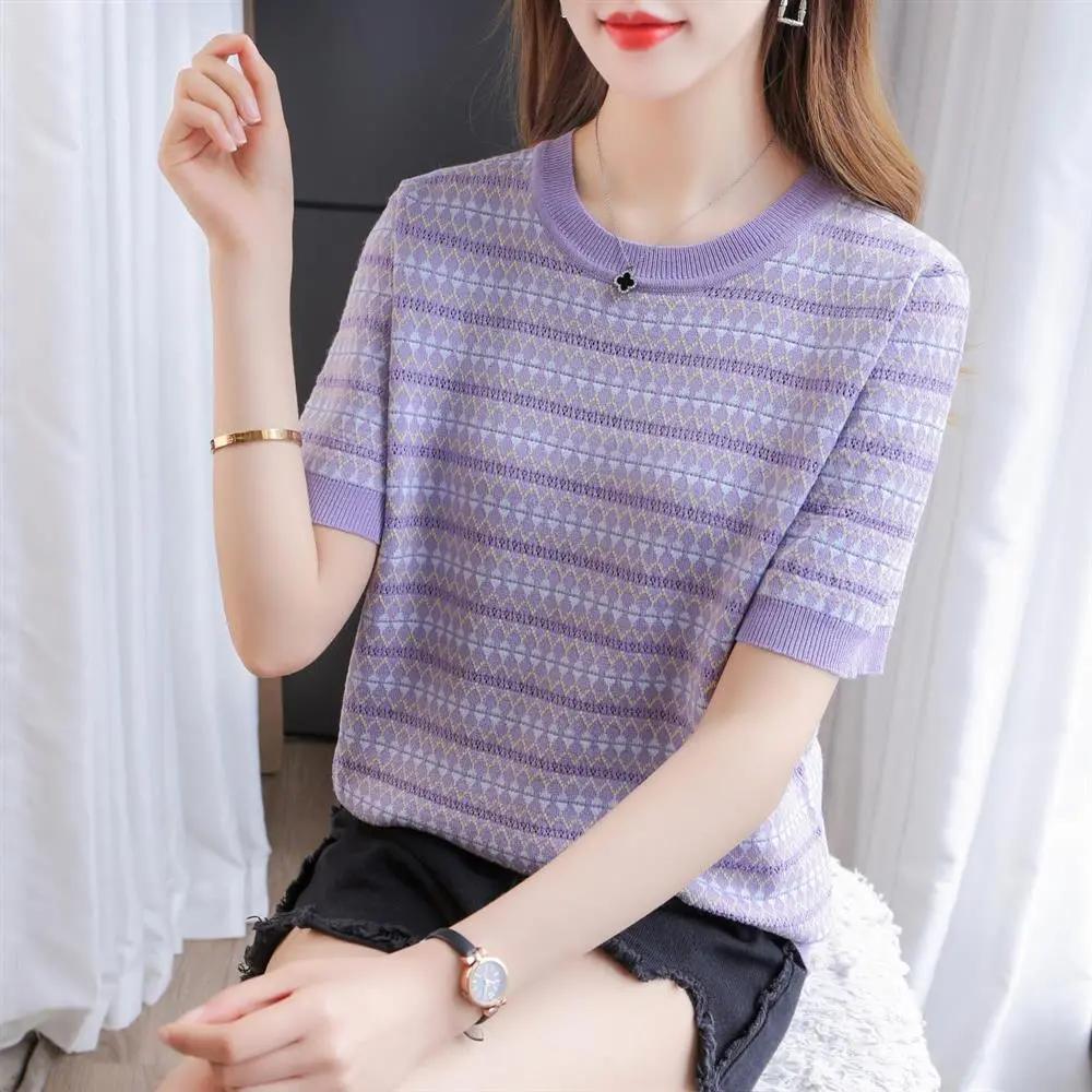 Chemisier d'été pour femme, en maille jacquard géométrique, col rond, manches courtes, coupe ample et décontractée