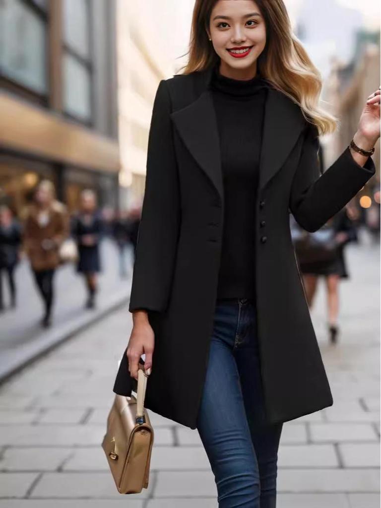 Women's Mid-Length Wool Coat with Turn-Down Collar - Slim-Fit, Solid Color, Casual Autumn/Winter Outerwear.