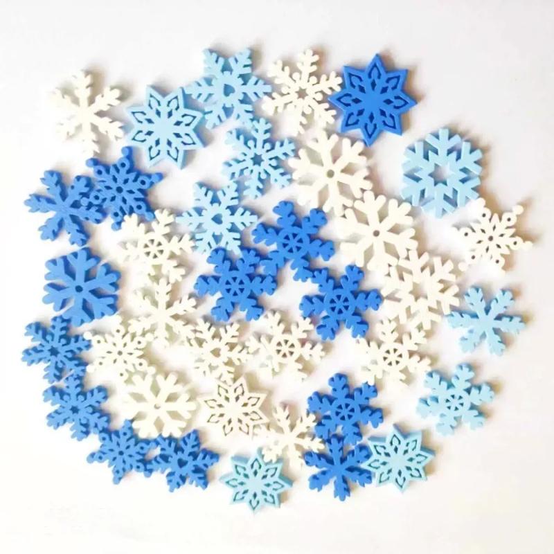 200Pcs Christmas Snowflake Mix Shape Wooden Pendants White Snowflakes Ornaments for New Year Navidad Xmas Decor