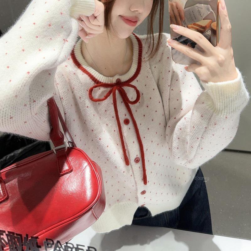 Korean Style Sweet Lace-Up Knitted Sweater Cardigan with Bow, Contrast Colors - Chic Short Top for Women, Autumn and Winter.