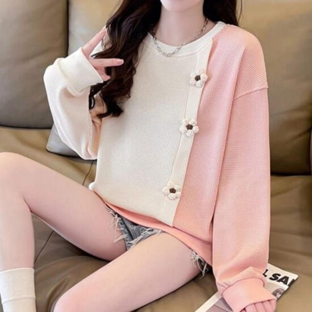 Navava Women Fleece Flower Color Block Round Neck Long Sleeve Sweatshirt Nt2121