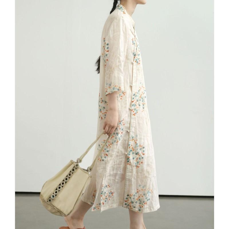 Johnature Women Vintage Print Floral Dress Stand Seven Sleeve Summer Button Chinese Style Dresses