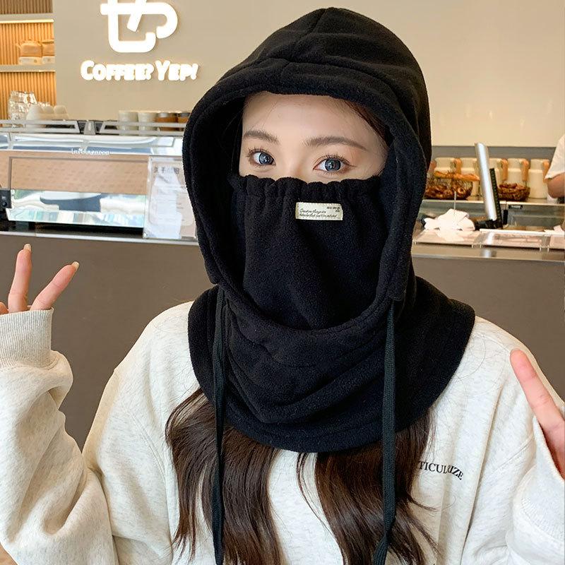 Women's fleece warm ear protection scarf integrated hat autumn and winter men's pullover one-piece hat outdoor skiing