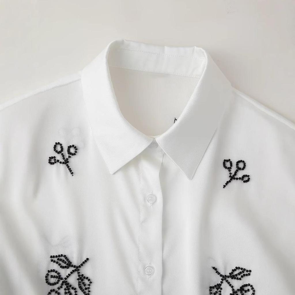 2024 Autumn Women's European & American Fashion Beaded Embroidered Satin Long-Sleeve Shirt