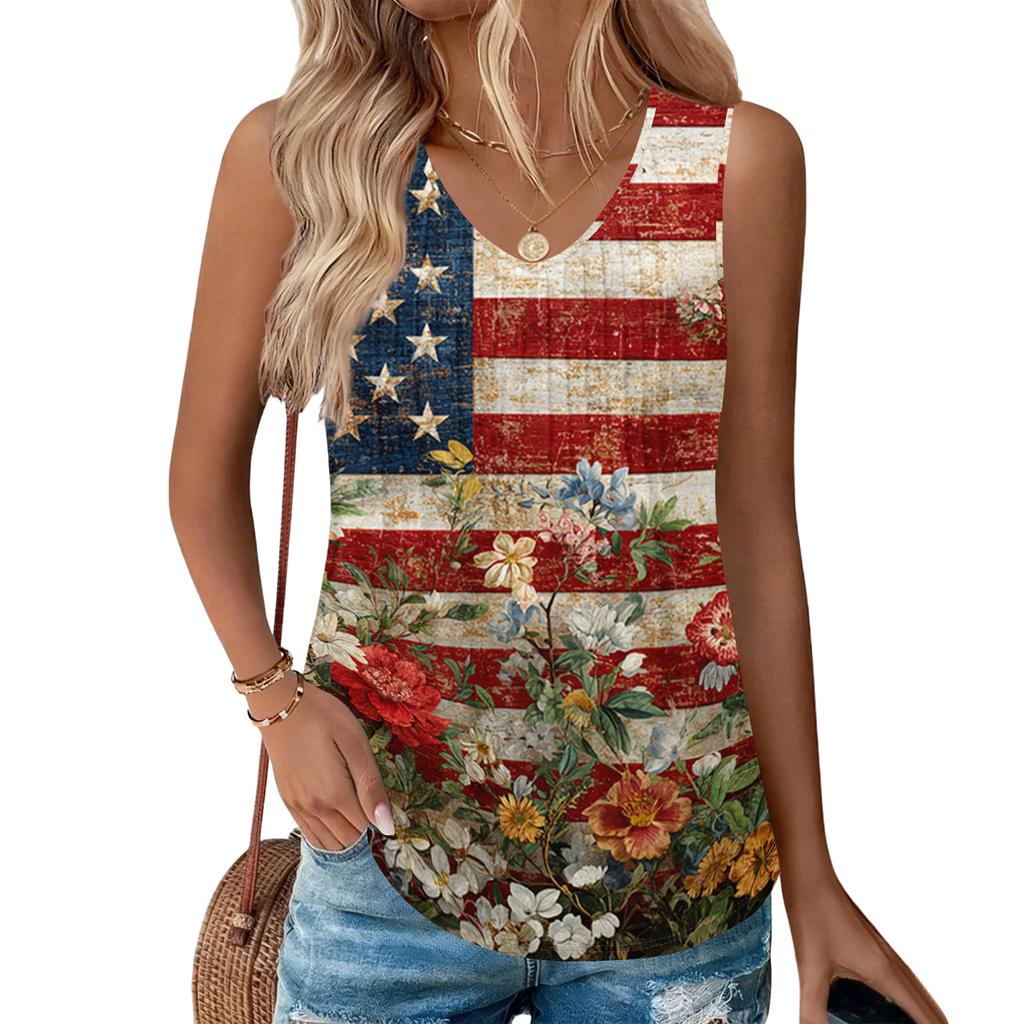 Women's Fashion Casual American Independence Day Flag and Stars Print V-neck Ruffled Sleeveless Vest T-shirt Top