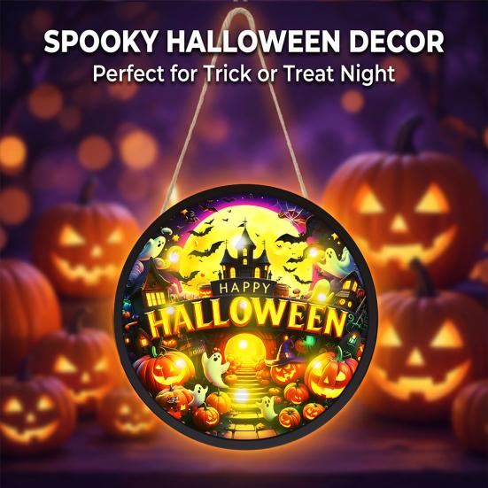 Festive Halloween Decorations LED Glowing Hanging Decor, Acrylic Window Ornament with Light, Spooky Ambiance Sign for Door Wall Haunted House,