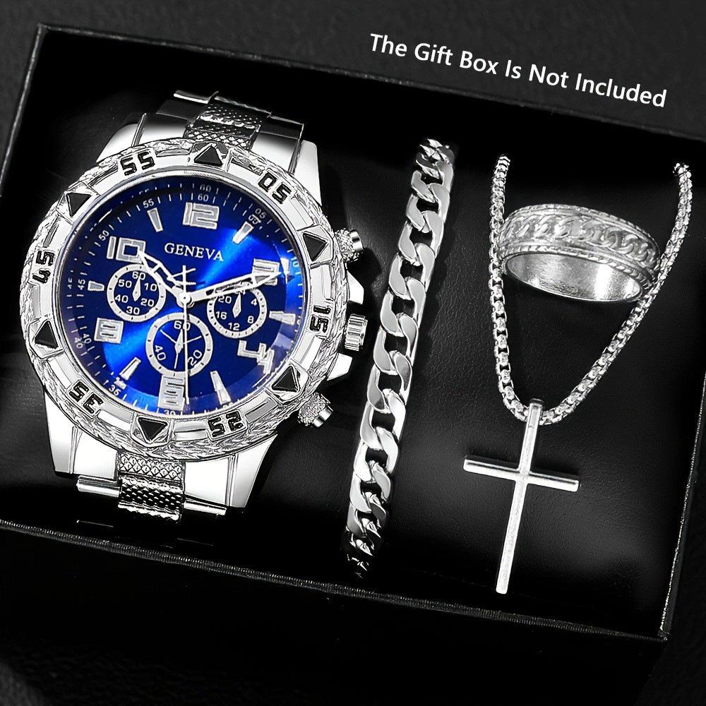 Geneva Blu-ray Glass Men's Watch Steel Belt Quartz Watch Three-eye Business Leisure Watch