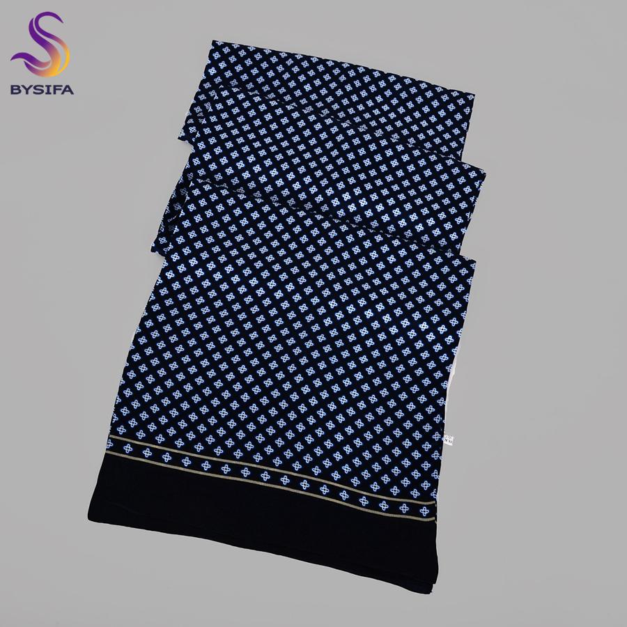 [BYSIFA] Brand Men Silk Scarf Muffler Winter Fashion Accessory 100% Pure Silk Male Plaid Long Scarves Cravat Navy Blue 160*26cm