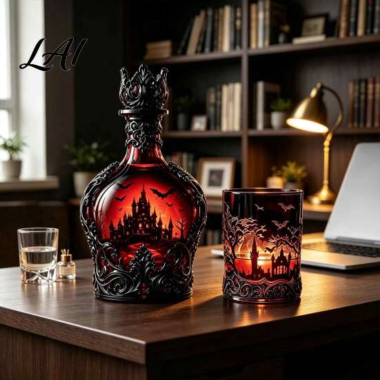 Dark Fantasy Wine Container 1200ML Halloween Bat Castle Whiskey Bottle 320ML Vintage Gothic Glass Bottle Cup Decorative Liquor Decanter Flask
