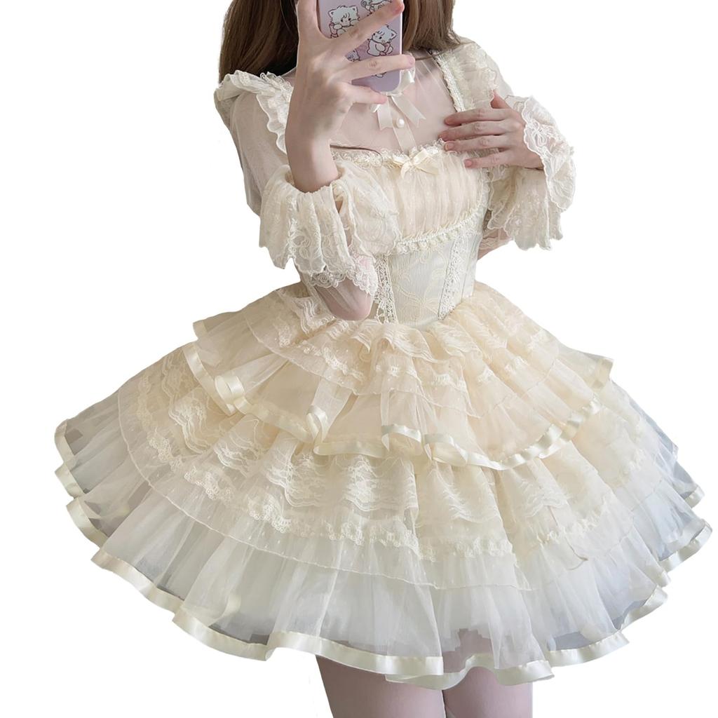 XHSUKADO Lolita JSK Jumper Skirt with Dreamy Cute Gothic Lolita Outfit with Ruffles and Mori Idol Apricot Size M Ribbon, Women's One-Piece Dress,