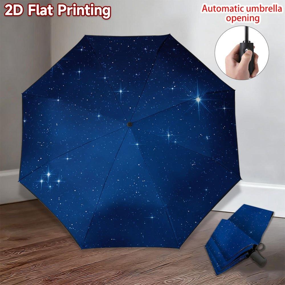 

1pc Automatic Open/Close Umbrella with Starry Night Sky & Sparkling Stars - 2D Flat Canopy, 8-Rib Compact Travel Umbrella, One (as the picture,iron&8K)