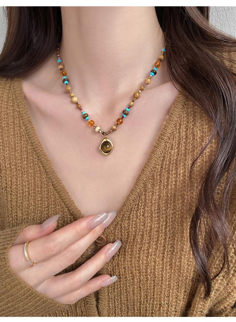 18K Gold Plated Ethnic Contrast Color Natural Stone Tiger Eye Glass Beads Beaded Necklace for Women Titanium Steel Choker