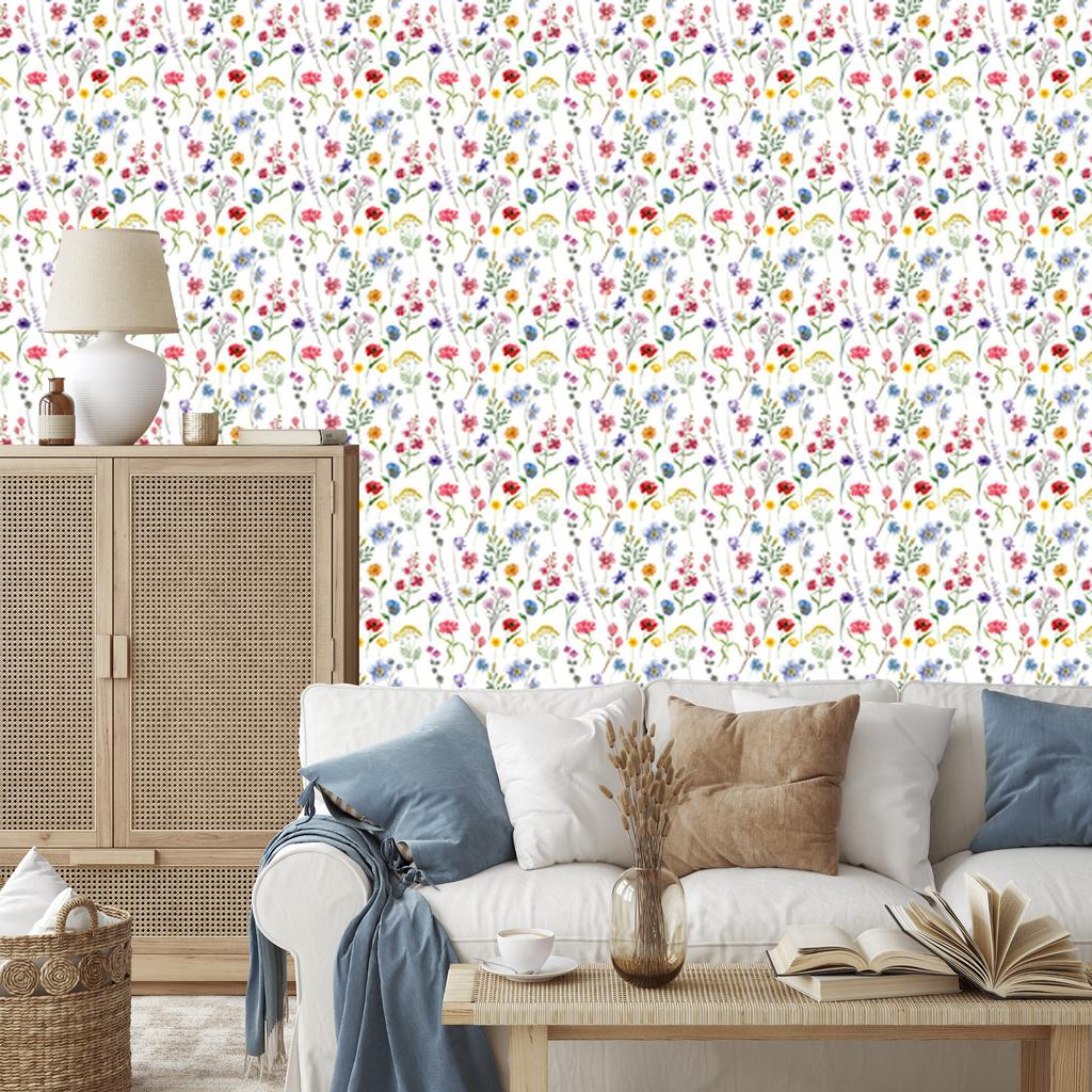 Wild Flowers Wallpaper White and Light Gray, White Background 50x1000