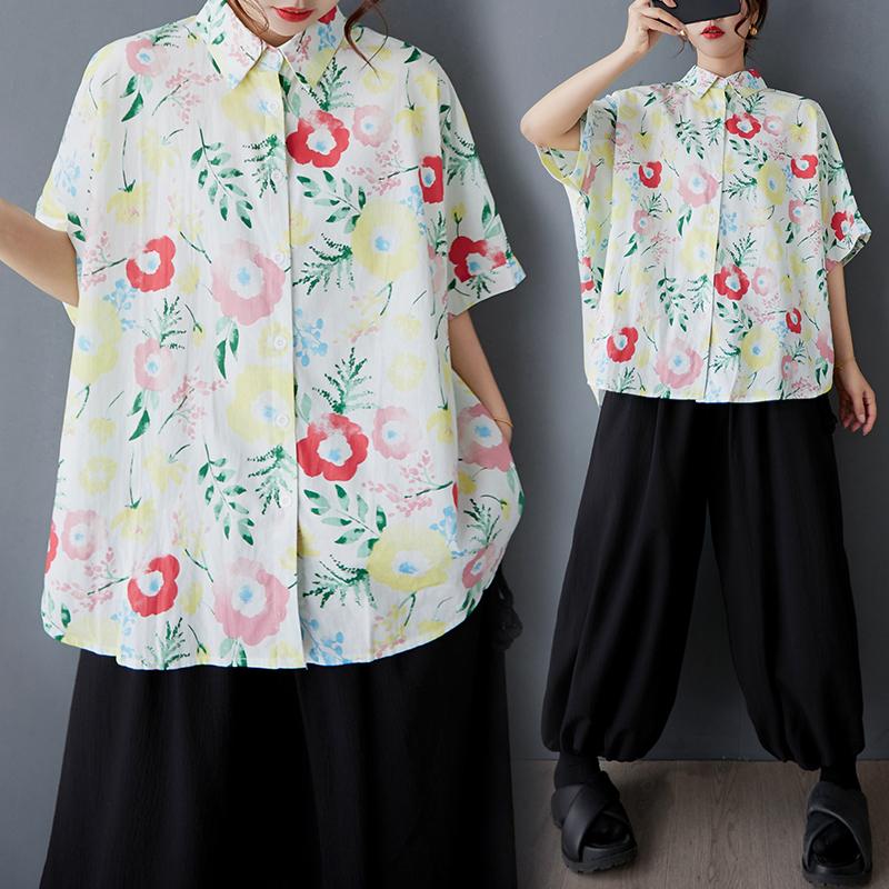 DIMANAF 2025 Plus Size New Summer Blouse Short Sleeve Casual Shirt Women Loose Tops Tees Floral Shirts