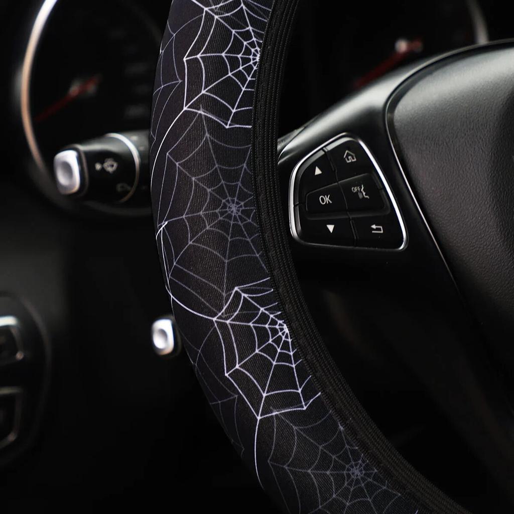 Flower Panda Spider Web Fabric Non-slip Car Steering Wheel Cover without Inner Ring Car Accessories Suitable for 14.5-15INCH