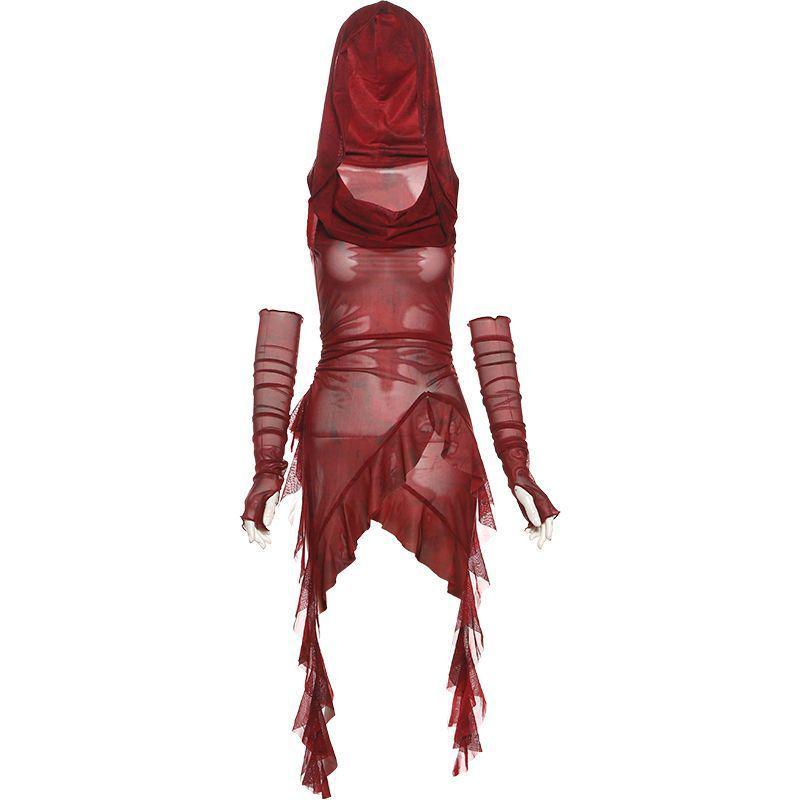 2025 Halloween Red Cowl Neck Hooded Ruffle T-shirt for Women