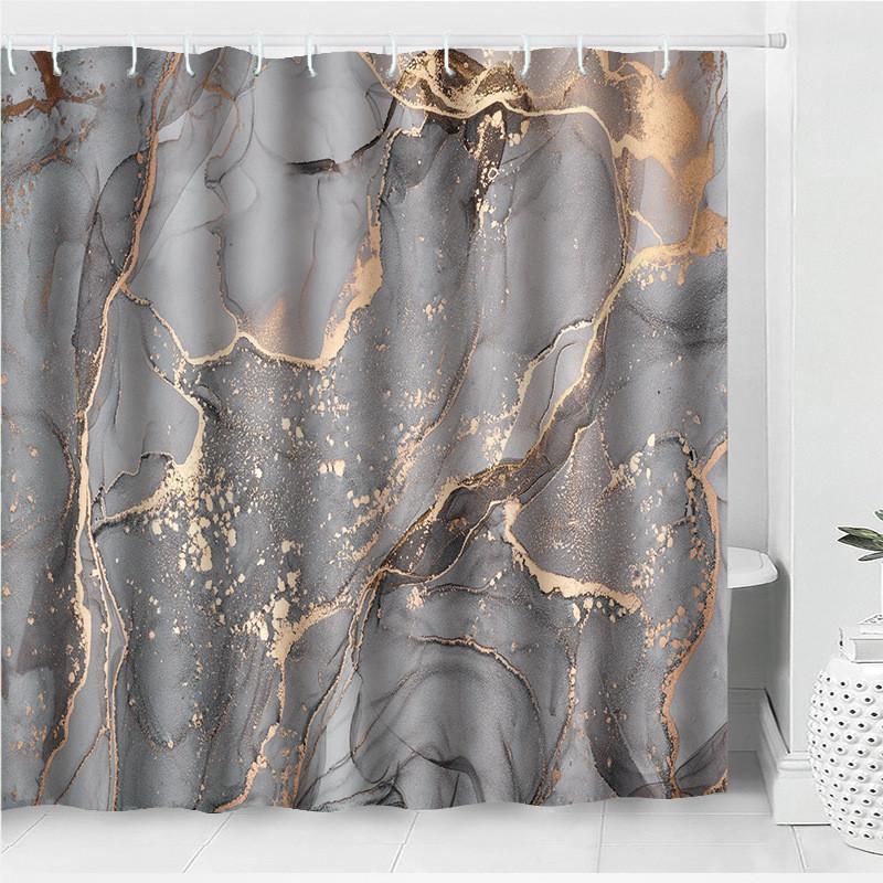 Grey Fashionable Golden Marble Patterned Bathroom Shower Curtain Waterproof