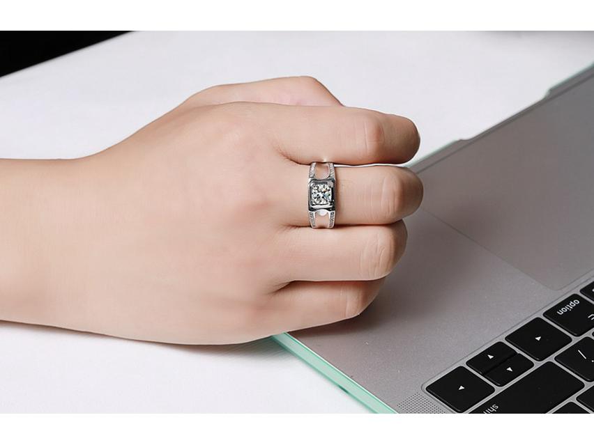 Men's Double Row Moissanite Ring: Sterling Silver, White Gold-Plated, 1 Carat Simulated Diamond with Certificate