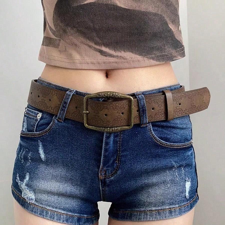 1pc Floral Embossed Belt, DistressedDenim Accessory, Casual Ethnic Artisan Belts Versatile Belt