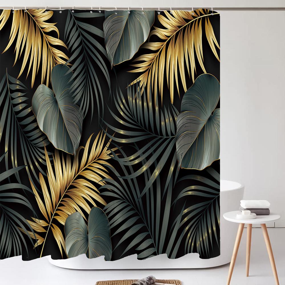 Black and Gold Tropical Plant Palm Leaf Bathroom Shower Curtain Set for Bathtub Exotic Leaves Bath Mats Rugs Toilet Home Decor