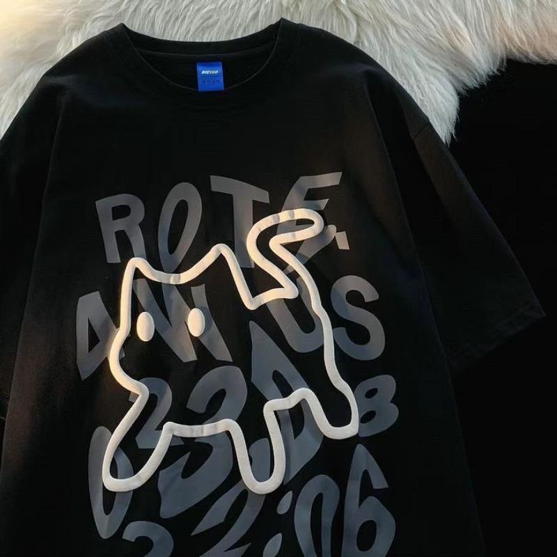 

Хлопковая футболка с короткими рукавами и буквенным принтом, женская свободная футболка Bf, универсальный топ с пятиточечными рукавами для пар XS чёрный