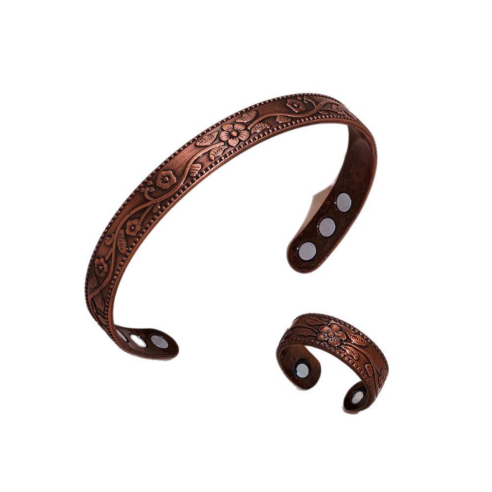 Vintage Red Copper Magnetic Bracelet & Ring Set for Men and Women