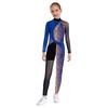 Girls Asymmetrical Dance Jumpsuit Mock Neck Sheer Mesh Long Sleeve Keyhole Back Metallic Snakeskin Bodysuit